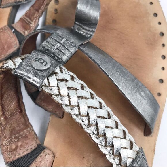 UGG Audra Metallic Silver Braid Leather Double Strap Thong Slide Boho Sandals - Picture 9 of 12